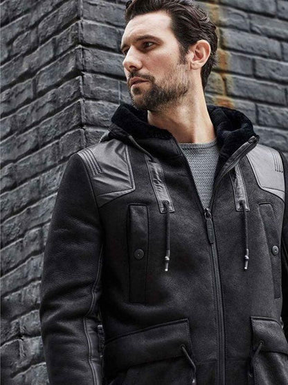 Men's Winter Shearling Fur Black Leather Long Trench Coat Outerwear - Leather Loom