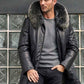 Leather Down Jacket With Fox Fur Collar Hooded Winter Overcoat Long Warm Outwear - Leather Loom