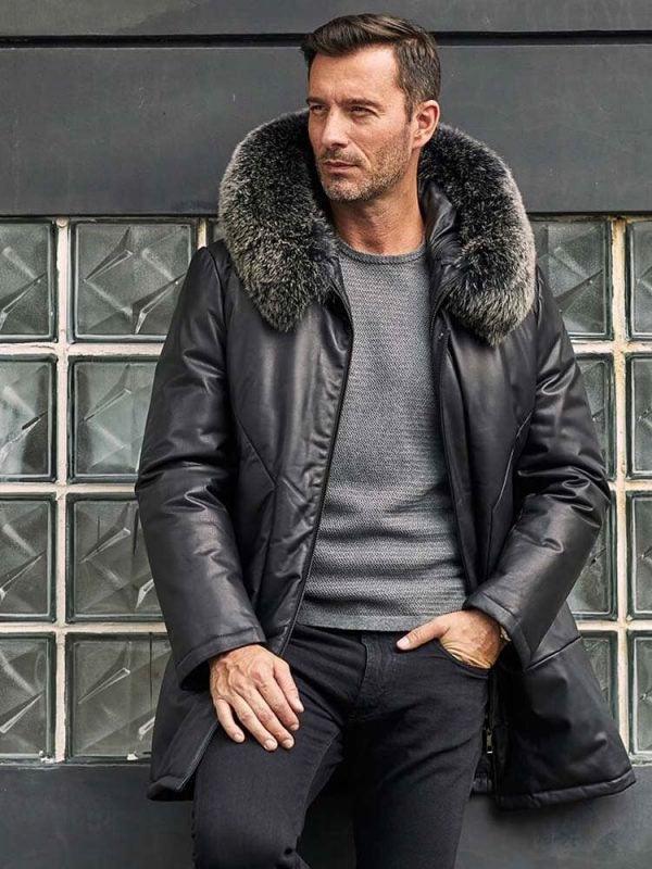 Leather Down Jacket With Fox Fur Collar Hooded Winter Overcoat Long Warm Outwear - Leather Loom