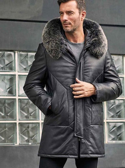 Leather Down Jacket With Fox Fur Collar Hooded Winter Overcoat Long Warm Outwear - Leather Loom