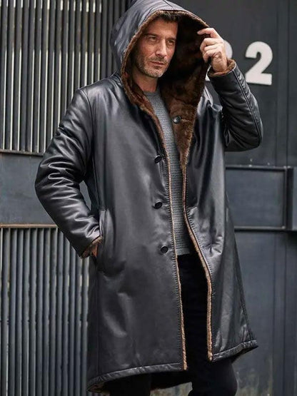 Cowhide Shearling Fur Parkas Hooded Leather Coat - Leather Loom