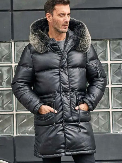 Leather Down Jacket With Fox Fur Collar Long Winter Coat Hooded Warm Overcoat - Leather Loom