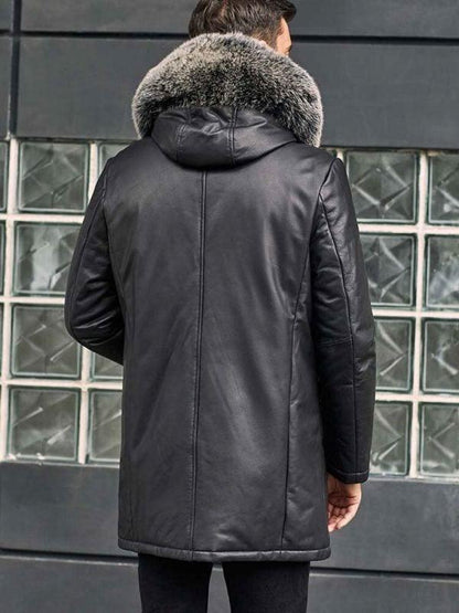 Leather Down Jacket With Fox Fur Collar Hooded Winter Overcoat Long Warm Outwear - Leather Loom