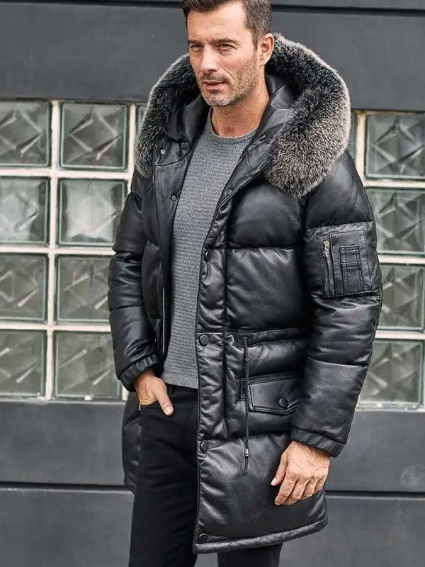 Leather Down Jacket With Fox Fur Collar Long Winter Coat Hooded Warm Overcoat - Leather Loom