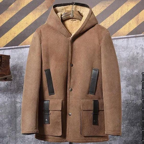 Men's Shearling Hooded Suede Leather Bomber Long Jacket Trench Coat - Leather Loom
