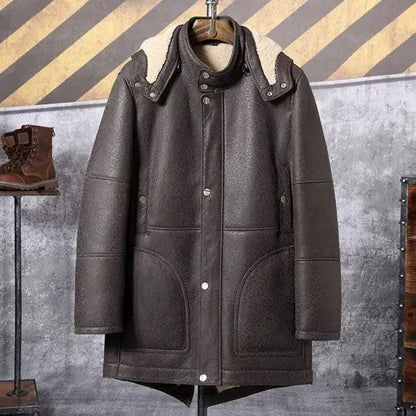 Men's Hooded Shearling Leather Long Trench Coat - Leather Loom