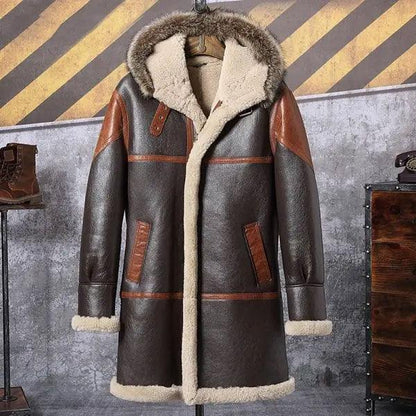 Men's Hooded Bomber Shearling Leather Jacket Trench Coat - Leather Loom