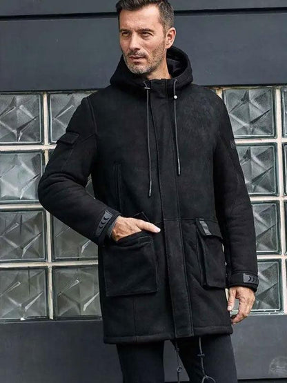 Outwear Winter Fur Coat Black Sheepskin Leather Overcoat - Leather Loom