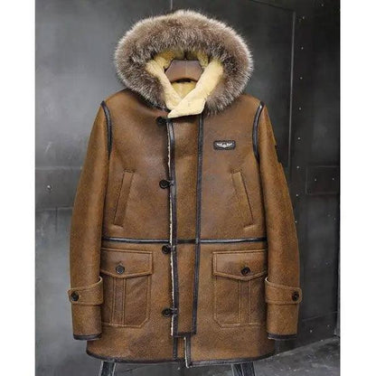 Men's Bomber Hooded Mink Fur Shearling Leather Long Jacket Coat - Leather Loom