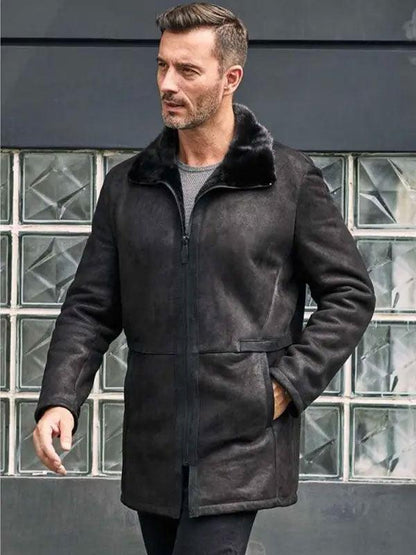 Men Black Shearling Fur Outwear Mink Overcoat Lapel Leather Jacket Coat - Leather Loom