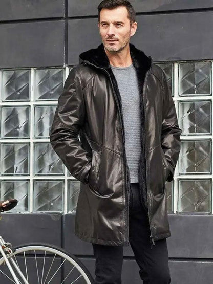 Shearling Fur Hooded Leather Trench Coat Outerwear - Leather Loom