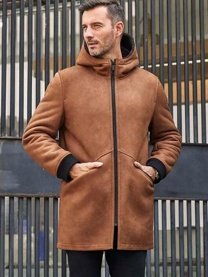 Brown Sheepskin Shearling Fur Hooded Outwear Winter Overcoat Leather Jacket - Leather Loom