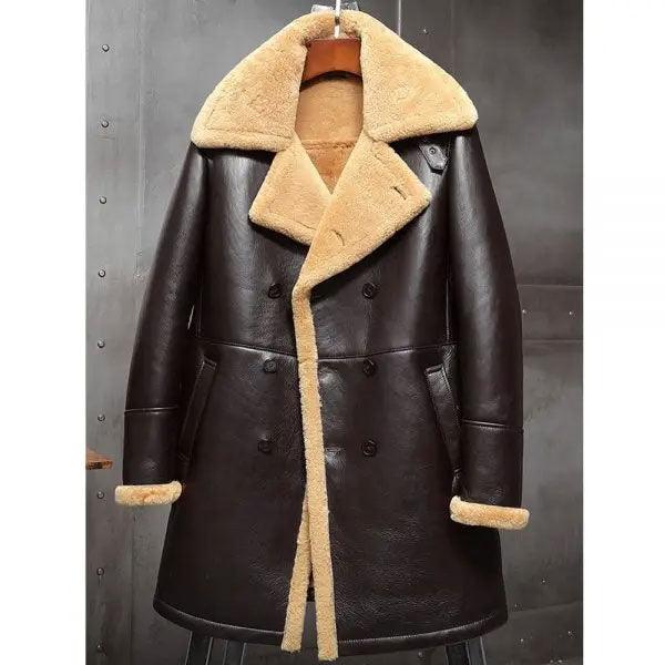 B3 Flight Sheepskin Aviator Long Mens Winter Coats Fur Bomber Leather Jacket - Leather Loom