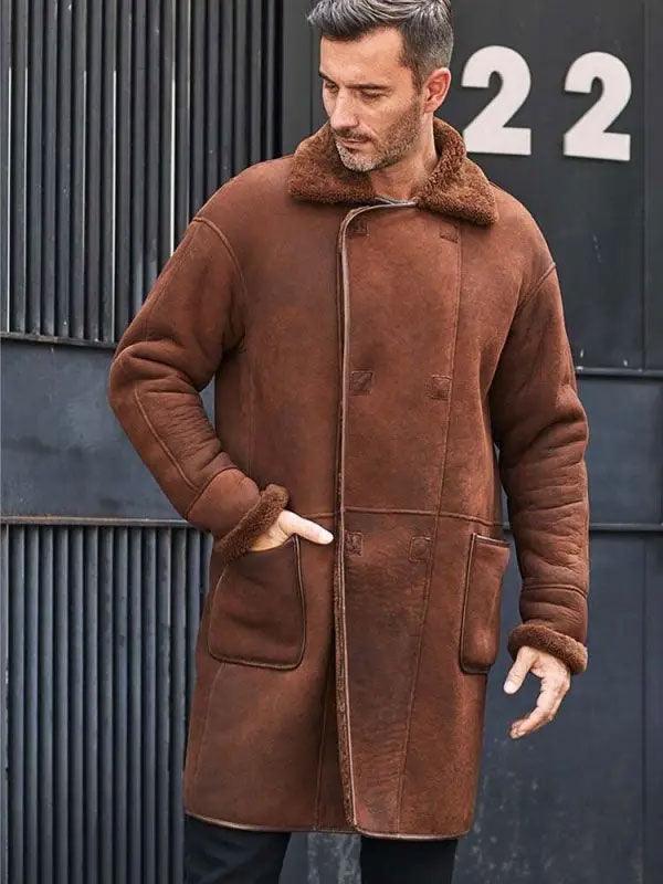 Winter Brown Fur Leather Long Trench Overcoat Outwear - Leather Loom