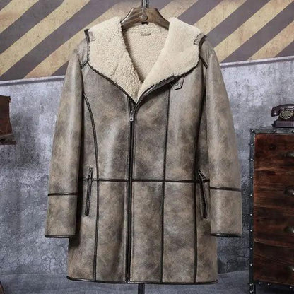 Mens Bomber Shearling Fur Hooded Winter Long Leather Jacket Trench Coat - Leather Loom