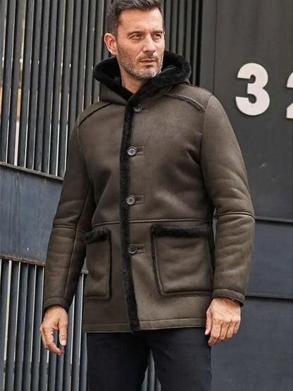 Mens Fur Coat Green Leather Overcoat Hooded Wool Parkas Warmest Winter Outwear - Leather Loom