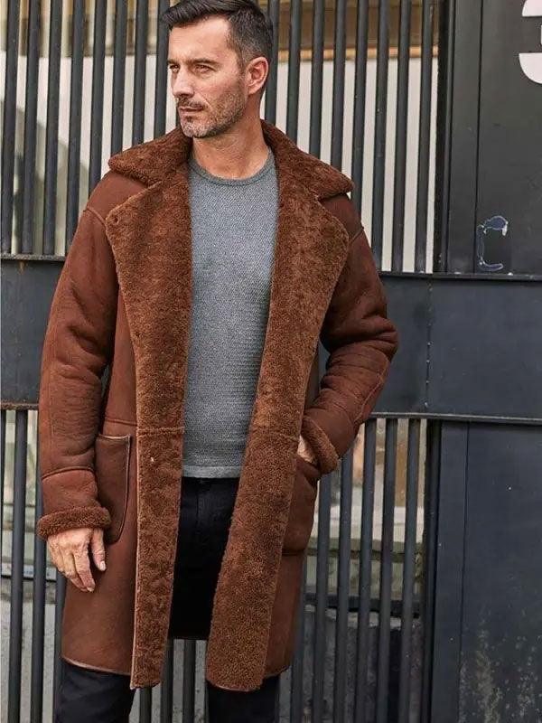 Winter Brown Fur Leather Long Trench Overcoat Outwear - Leather Loom