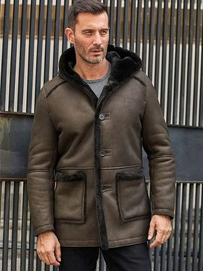 Mens Fur Coat Green Leather Overcoat Hooded Wool Parkas Warmest Winter Outwear - Leather Loom