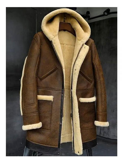 Mens Hooded Sheepskin Shearling Leather Jacket - Leather Loom