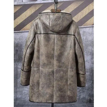 Mens Bomber Shearling Fur Hooded Winter Long Leather Jacket Trench Coat - Leather Loom