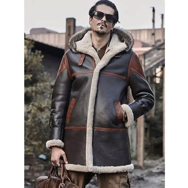 Men's Hooded Bomber Shearling Leather Jacket Trench Coat - Leather Loom