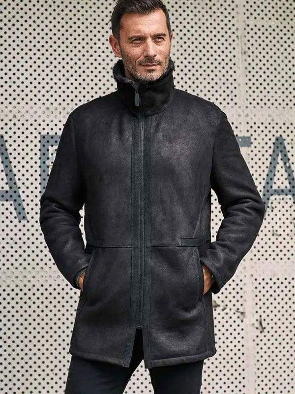 Men Black Shearling Fur Outwear Mink Overcoat Lapel Leather Jacket Coat - Leather Loom