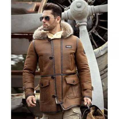 Men's Bomber Hooded Mink Fur Shearling Leather Long Jacket Coat - Leather Loom