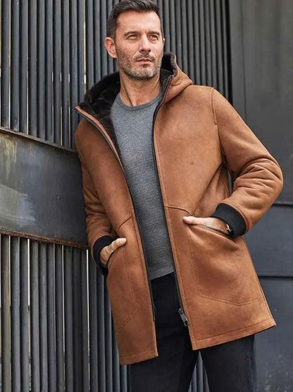 Brown Sheepskin Shearling Fur Hooded Outwear Winter Overcoat Leather Jacket - Leather Loom