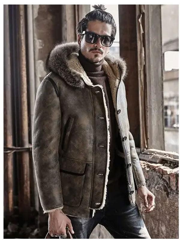 Mens Hooded Shearling Collar Leather Bomber Jacket - Leather Loom