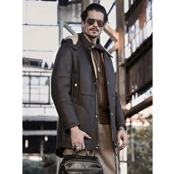 Men's Hooded Shearling Leather Long Trench Coat - Leather Loom