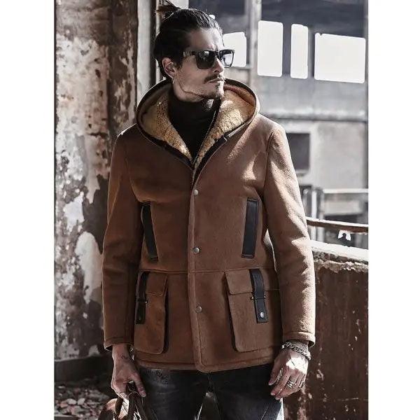 Men's Shearling Hooded Suede Leather Bomber Long Jacket Trench Coat - Leather Loom