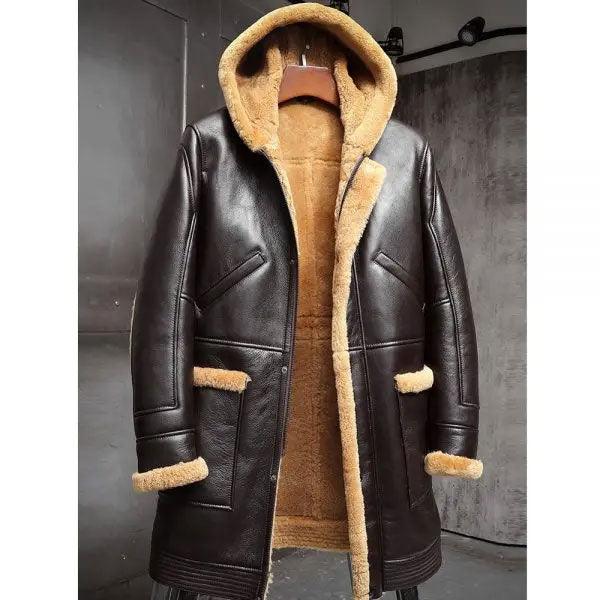 Mens RAF Hooded Shearling Fur Sheepskin Leather Long Jacket Winter Coats - Leather Loom