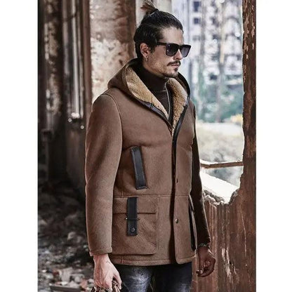 Men's Shearling Hooded Suede Leather Bomber Long Jacket Trench Coat - Leather Loom