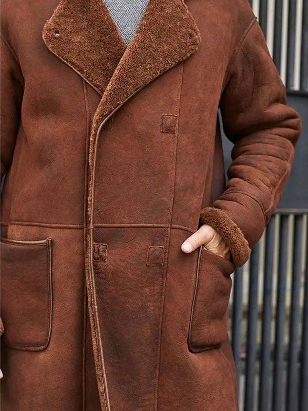 Winter Brown Fur Leather Long Trench Overcoat Outwear - Leather Loom