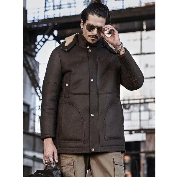 Men's Hooded Shearling Leather Long Trench Coat - Leather Loom