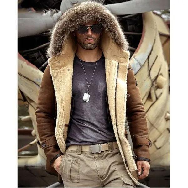 Men's Bomber Hooded Mink Fur Shearling Leather Long Jacket Coat - Leather Loom