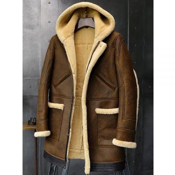 Sheepskin Coat Hooded Leather Jacket Fur Coat Mens Winter Coats Long Fur Jacket - Leather Loom