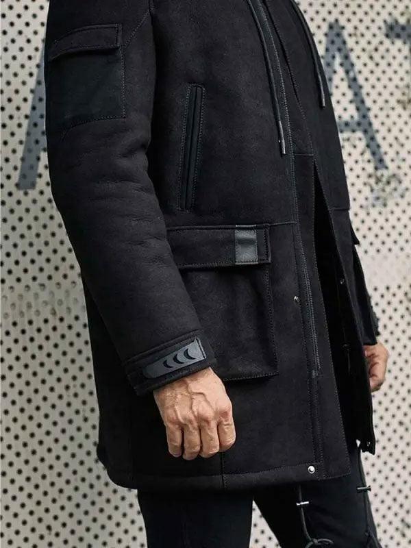 Outwear Winter Fur Coat Black Sheepskin Leather Overcoat - Leather Loom