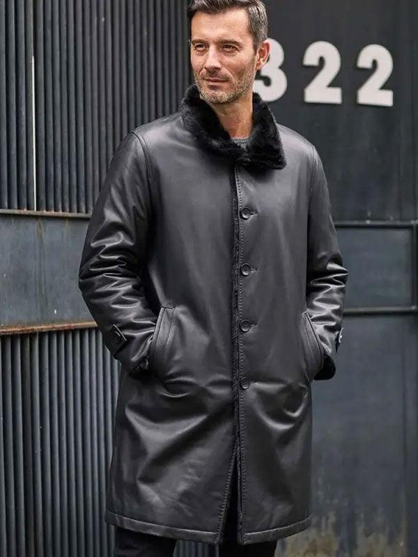 Black Fur Leather Parkas Long Trench Coat - Leather Loom