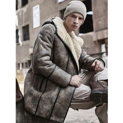 Mens Bomber Shearling Fur Hooded Winter Long Leather Jacket Trench Coat - Leather Loom