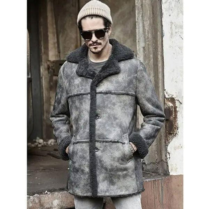 Men's Hunting Leather Shearling Bomber Trench Coat - Leather Loom