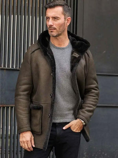 Mens Fur Coat Green Leather Overcoat Hooded Wool Parkas Warmest Winter Outwear - Leather Loom