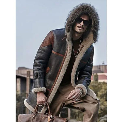 Men's Hooded Bomber Shearling Leather Jacket Trench Coat - Leather Loom