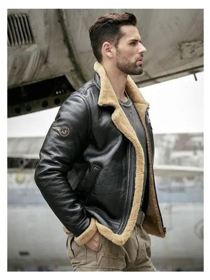 Mens Sheepskin Motorcycle Shearling Leather Bomber Jacket - Leather Loom