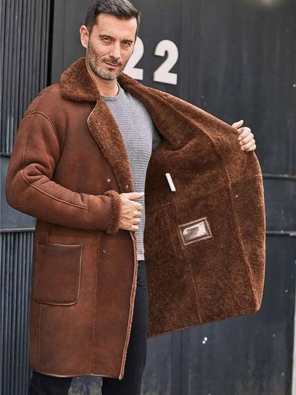 Winter Brown Fur Leather Long Trench Overcoat Outwear - Leather Loom
