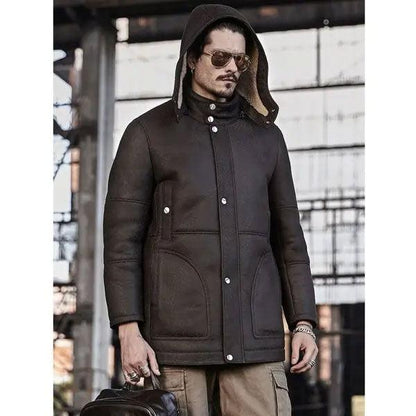 Men's Hooded Shearling Leather Long Trench Coat - Leather Loom