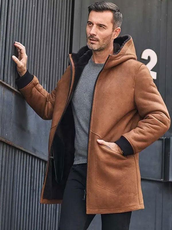 Brown Sheepskin Shearling Fur Hooded Outwear Winter Overcoat Leather Jacket - Leather Loom