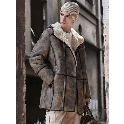 Mens Bomber Shearling Fur Hooded Winter Long Leather Jacket Trench Coat - Leather Loom