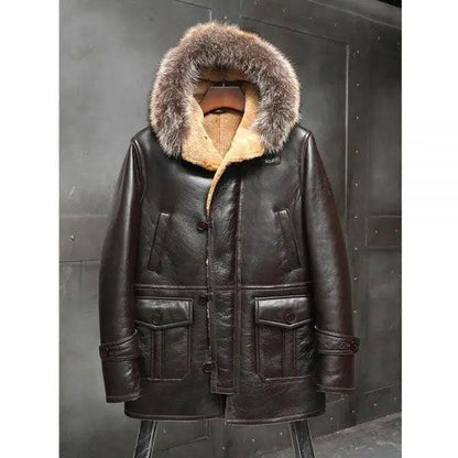 Men's Bomber Hooded Mink Fur Shearling Leather Long Jacket Coat - Leather Loom