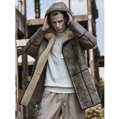 Mens Bomber Shearling Fur Hooded Winter Long Leather Jacket Trench Coat - Leather Loom